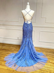 Party Dress Style Shop, Backless Blue Lace Prom Dresses, Open Back Blue Lace Formal Graduation Dresses