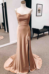 Party Dresses Shop, Backless Champagne Long Prom Dress with High Slit, Long Champagne Formal Graduation Evening Dress