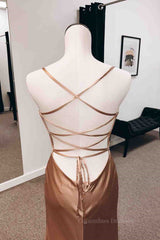 Party Dresses Shops, Backless Champagne Long Prom Dress with High Slit, Long Champagne Formal Graduation Evening Dress