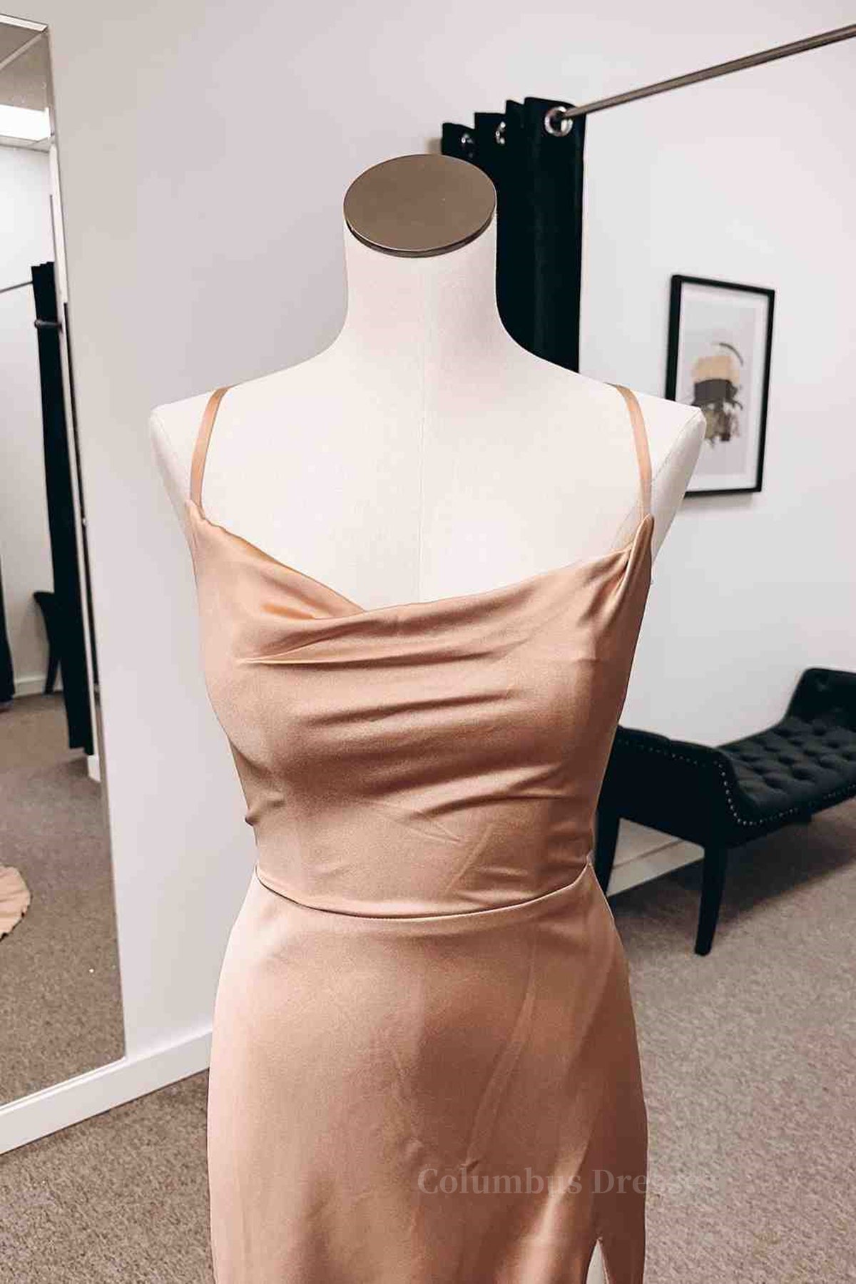 Party Dresses Shopping, Backless Champagne Long Prom Dress with High Slit, Long Champagne Formal Graduation Evening Dress