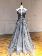 Prom Dress 33, Backless Gray Lace Prom Dresses, Backless Gray Lace Formal Evening Graduation Dresses