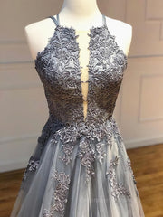 Prom Dress Under 83, Backless Gray Lace Prom Dresses, Backless Gray Lace Formal Evening Graduation Dresses