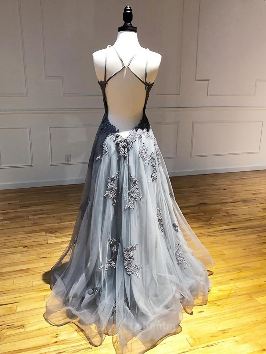 Prom Dresses 2055 Ball Gown, Backless Gray Lace Prom Dresses, Backless Gray Lace Formal Evening Graduation Dresses