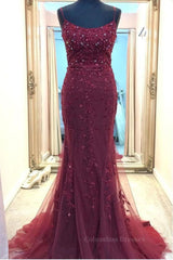 Festival Outfit, Backless Mermaid Beaded Maroon Lace Long Prom Dresses, Backless Burgundy Lace Formal Dresses, Burgundy Tulle Evening Dresses