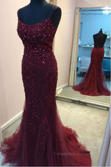Homecoming Dresses For Kids, Backless Mermaid Beaded Maroon Lace Long Prom Dresses, Backless Burgundy Lace Formal Dresses, Burgundy Tulle Evening Dresses