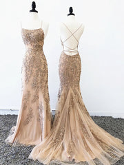 Classy Gown, Backless Mermaid Champagne Lace Prom Dress, Champagne Backless Mermaid Lace Formal Dress