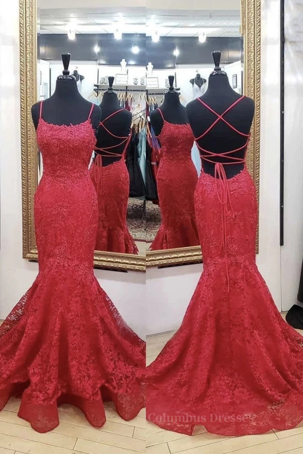 Bridesmaides Dresses Green, Backless Mermaid Red Lace Long Prom Dress, Mermaid Red Lace Formal Dress, Red Lace Evening Dress