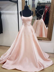 Party Dresses Wedding, Backless Pink Satin Long Prom Dresses, Open Back Pink Satin Formal Graduation Dresses