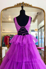Prom Dresses For 2055, Backless Purple High Low Prom Dresses, Open Back Purple High Low Formal Evening Dresses