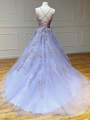 Evening Dresses Princess, Backless Purple Lace Prom Dresses, Open Back Purple Lace Formal Evening Dresses