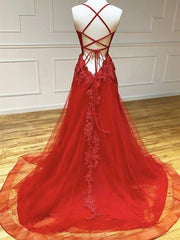 Party Dress Ideas For Winter, Backless Red Lace Prom Dresses, Open Back Red Lace Formal Evening Dresses