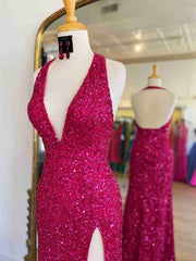 Bridesmaid Dresses Near Me, Backless Royal Blue Sequin Prom Gown with Slit,Formal Dress with Sequins
