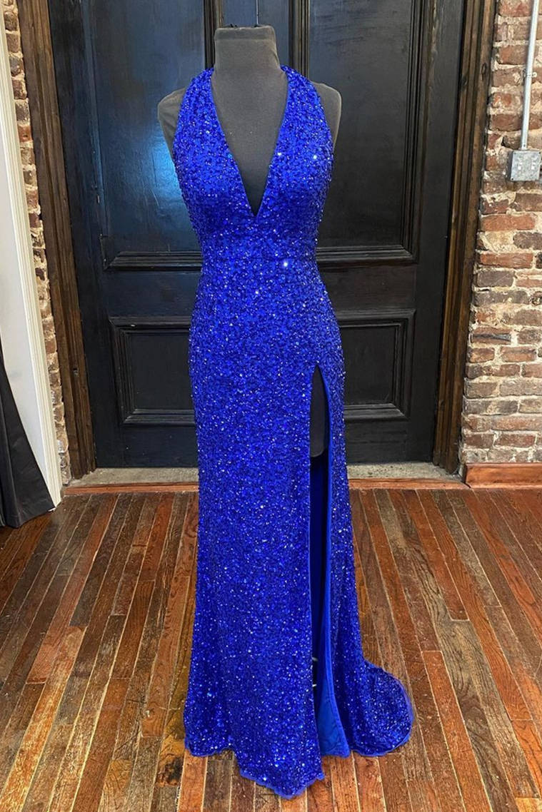 Bridesmaids Dresses Near Me, Backless Royal Blue Sequin Prom Gown with Slit,Formal Dress with Sequins