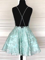 Ball Gown, Backless Short Mint Green Lace Prom with Straps,Graduation Homecoming Dresses
