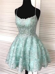 Cocktail Dress, Backless Short Mint Green Lace Prom with Straps,Graduation Homecoming Dresses