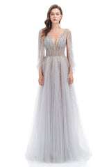 Prom Dresses 3 27 Sleeves, Backless V-neck Sequins Rhinestone Floor Length Prom Dresses