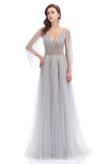 Prom Dresses 2036, Backless V-neck Sequins Rhinestone Floor Length Prom Dresses