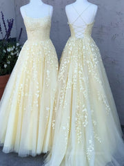 Black Formal Dress, Backless Yellow Tulle Long Lace Prom Dresses, Open Back Yellow Lace Formal Evening Dresses