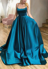 Prom Dress Long With Sleeves, Ball Gown A-line Square Neckline Spaghetti Straps Sweep Train Satin Prom Dress With Pleated Pockets