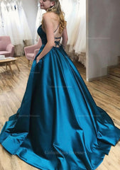 Prom Dresses Long With Sleeves, Ball Gown A-line Square Neckline Spaghetti Straps Sweep Train Satin Prom Dress With Pleated Pockets
