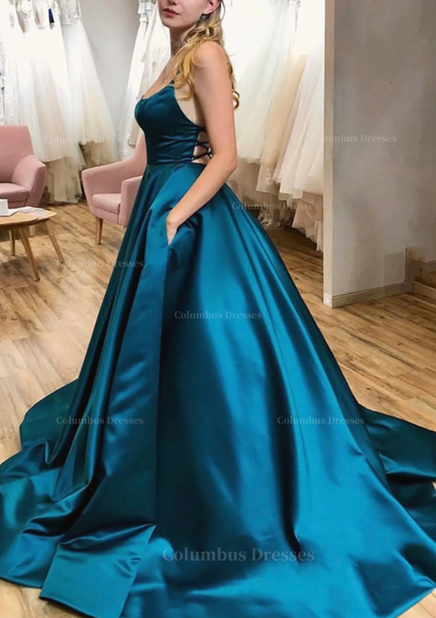 Prom Dress Long Mermaid, Ball Gown A-line Square Neckline Spaghetti Straps Sweep Train Satin Prom Dress With Pleated Pockets