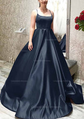 Prom Dresses Long Mermaide, Ball Gown A-line Square Neckline Spaghetti Straps Sweep Train Satin Prom Dress With Pleated Pockets