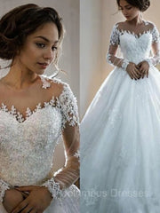 Wedding Dresses Fitted, Ball Gown Bateau Court Train Tulle Wedding Dresses With Appliques Lace