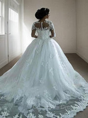 Wedding Dress Fits, Ball Gown Bateau Court Train Tulle Wedding Dresses With Appliques Lace