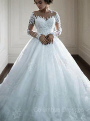 Wedding Dress Classy, Ball Gown Bateau Court Train Tulle Wedding Dresses With Appliques Lace