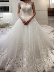 Wedding Dress Vintage Style, Ball Gown Bateau Court Train Tulle Wedding Dresses With Appliques Lace