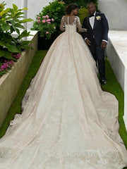 Wedding Dresses Boutique, Ball Gown Bateau Sweep Train Satin Wedding Dresses With Appliques Lace
