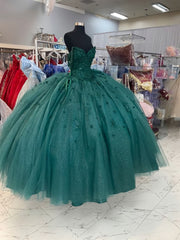 Boho Wedding Dress, Ball Gown Beaded Quinceanera Dress Spaghetti Straps Emerald Green Quince Dress