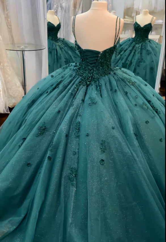 Bridesmaids Dresses Purple, Ball Gown Beaded Quinceanera Dress Spaghetti Straps Emerald Green Quince Dress
