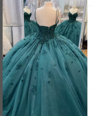 Bridesmaid Dresses Purples, Ball Gown Beaded Quinceanera Dress Spaghetti Straps Emerald Green Quince Dress