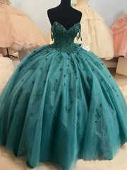 Beach Wedding, Ball Gown Beaded Quinceanera Dress Spaghetti Straps Emerald Green Quince Dress