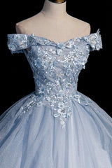 Prom Dress Styles, Ball Gown Blue Tulle Lace Long Party Dress, Off the Shoulder Evening Dress