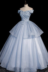 Prom Dresses Style, Ball Gown Blue Tulle Lace Long Party Dress, Off the Shoulder Evening Dress