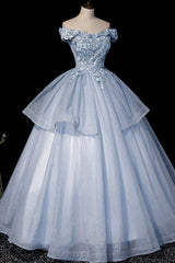 Prom Dress Style, Ball Gown Blue Tulle Lace Long Party Dress, Off the Shoulder Evening Dress