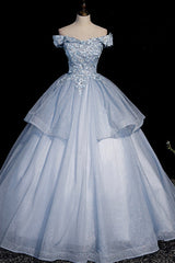Prom Dresses For 024, Ball Gown Blue Tulle Lace Long Party Dress, Off the Shoulder Evening Dress