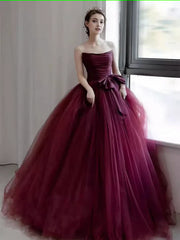 Ball Gown Burgundy Strapless Prom Dresses Evening Dress