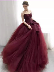 Ball Gown Burgundy Strapless Prom Dresses Evening Dress