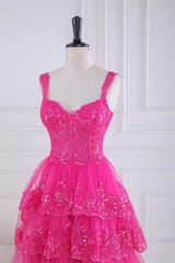 Formal Dresses For Black Tie Wedding, Ball Gown Corset Layered Fuchsia Prom Dresses Sweetheart Sequin