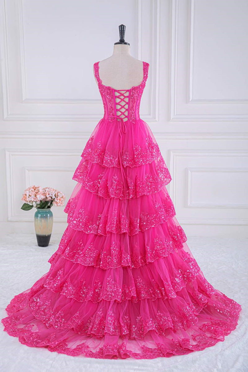 Formal Dress Modest, Ball Gown Corset Layered Fuchsia Prom Dresses Sweetheart Sequin