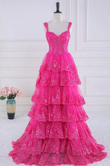 Formal Dresses Modest, Ball Gown Corset Layered Fuchsia Prom Dresses Sweetheart Sequin