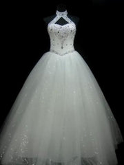 Wedding Dress Places Near Me, Ball-Gown Halter Beading Floor-Length Tulle Wedding Dress