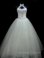 Wedding Dresses Elegant, Ball Gown Halter Floor-Length Tulle Wedding Dresses With Beading