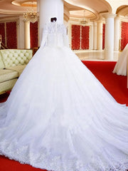 Wedding Dress Shoe, Ball-Gown High Neck Long Sleeves Lace Chapel Train Tulle Wedding Dress