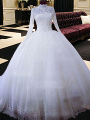Wedding Dress Shoes, Ball-Gown High Neck Long Sleeves Lace Chapel Train Tulle Wedding Dress