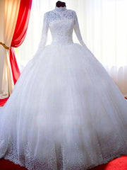 Wedding Dresses Cost, Ball-Gown High Neck Long Sleeves Lace Chapel Train Tulle Wedding Dress