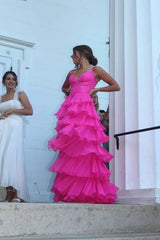 बॉल गाउन हॉट पिंक स्ट्रैप्स इवनिंग पार्टी ड्रेस प्रोम ड्रेस
